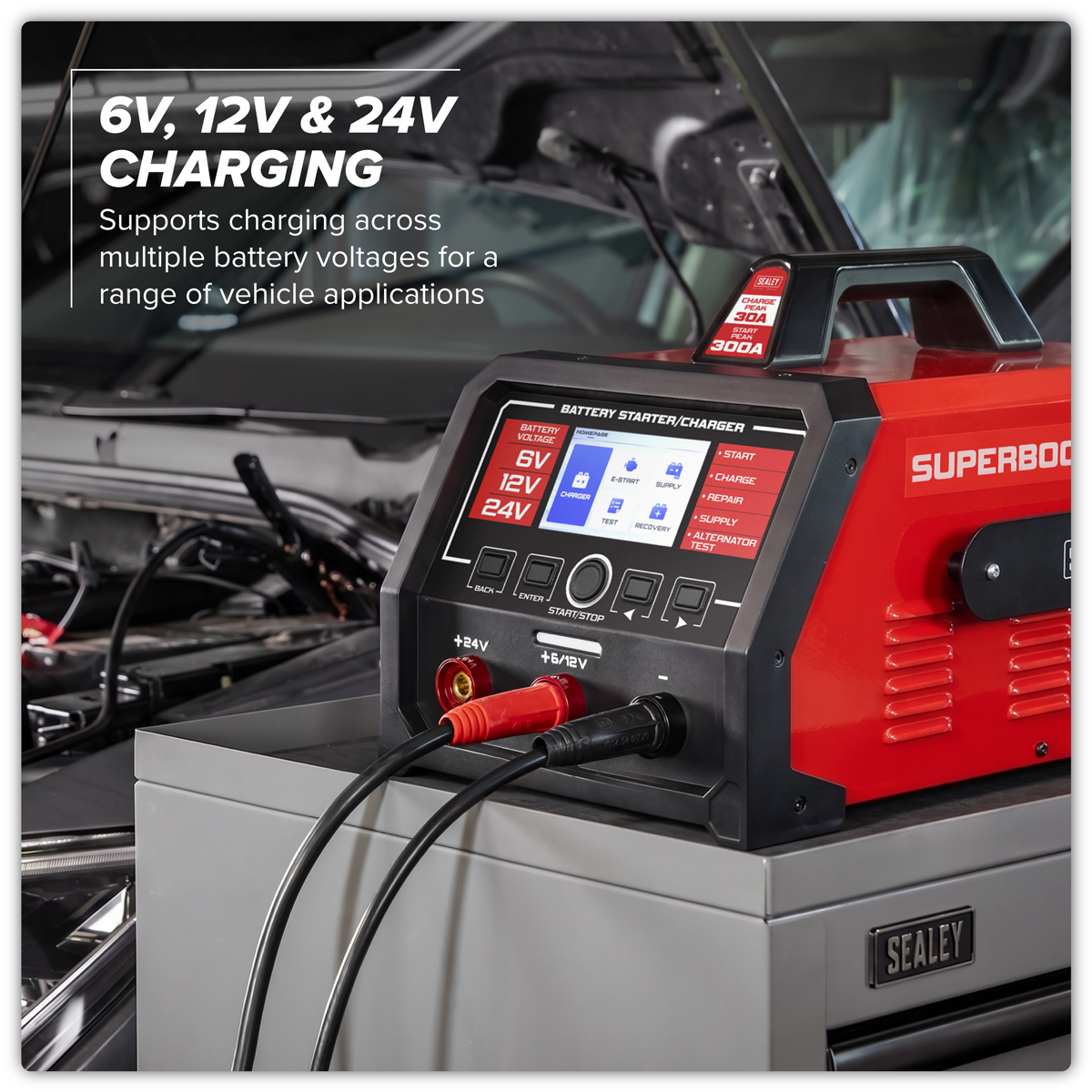 Sealey SUPERBOOST300E 6/12/24V Battery Starter/Charger 300A/230V