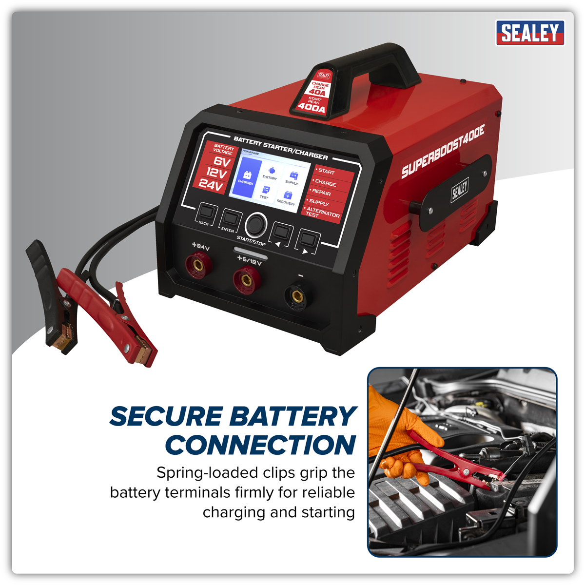 Sealey SUPERBOOST400E 6/12/24V Battery Starter/Charger 400A/230V