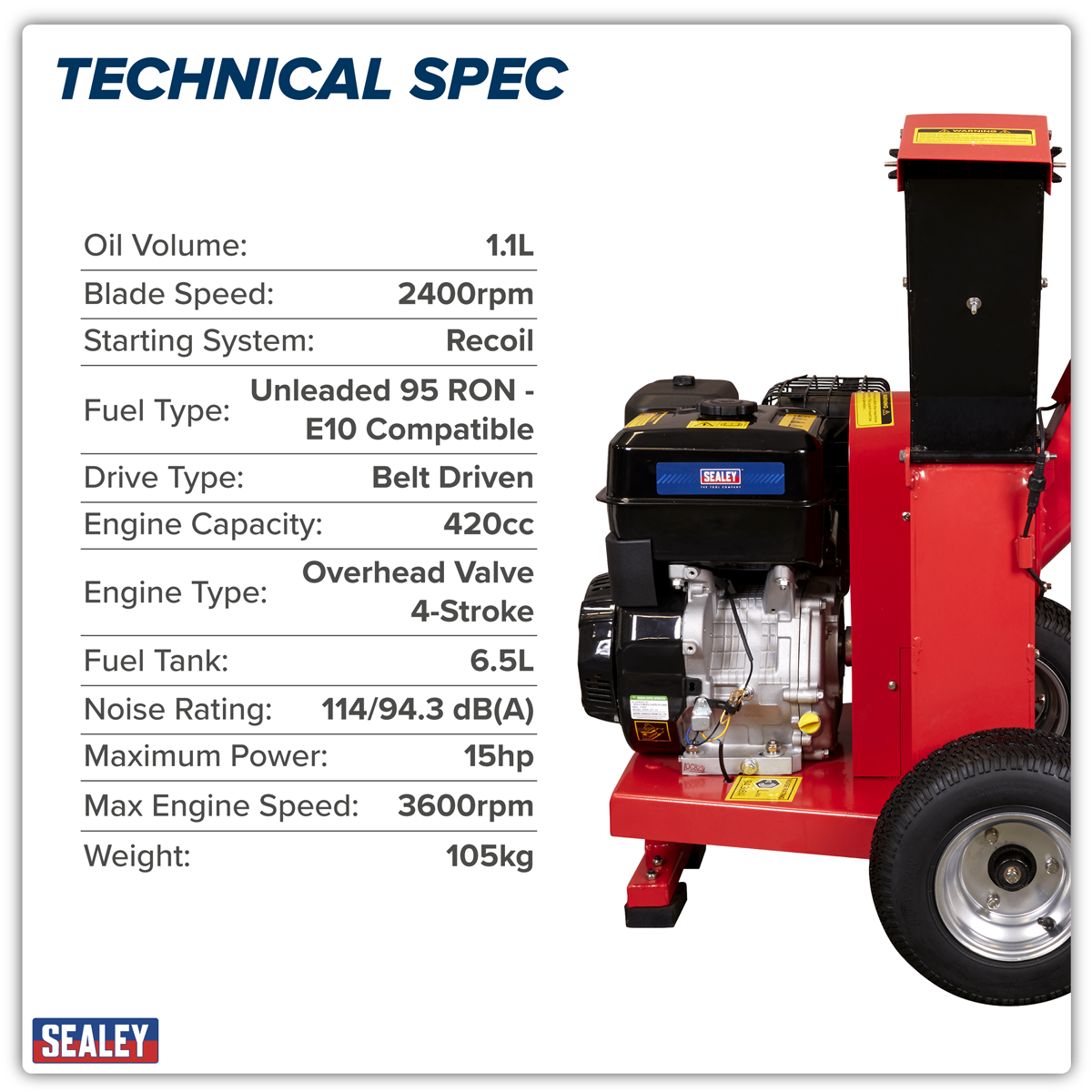 Sealey SWC420 420cc 15hp Wood Chipper 100mm Capacity