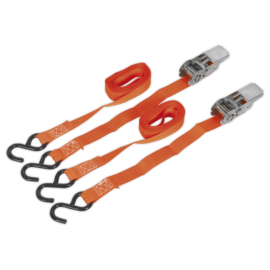 Sealey TD0540S2 Ratchet Straps Polyester Webbing with S-Hooks 25mm x 4m 500kg Breaking Strength - Pair