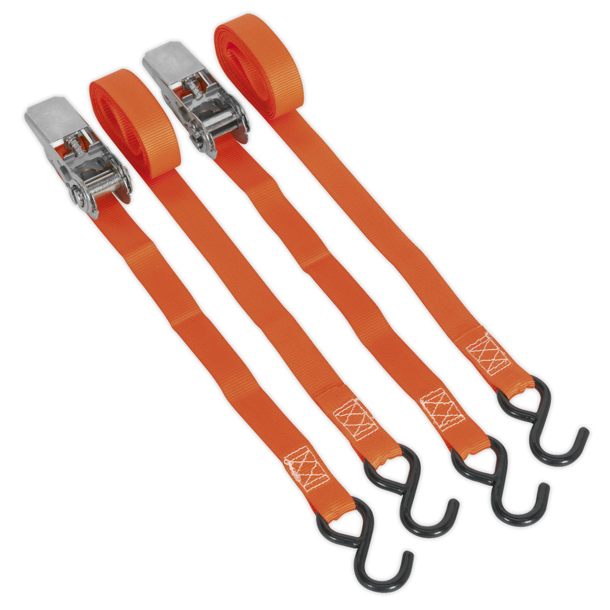 Sealey TD0540S2 Ratchet Straps Polyester Webbing with S-Hooks 25mm x 4m 500kg Breaking Strength - Pair