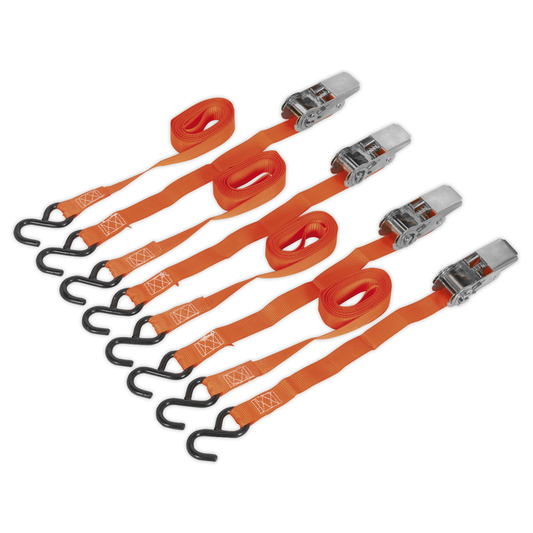 Sealey TD0540S4 Ratchet Straps Polyester Webbing with S-Hooks 25mm x 4m 500kg Breaking Strength - 2 Pairs