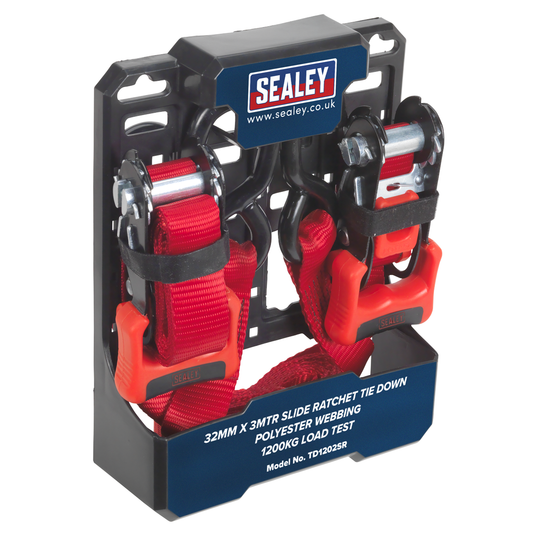 Sealey TD1202SR Slide Ratchet Strap Polyester Webbing with S-Hooks 32mm x 3m 1200kg Breaking Strength