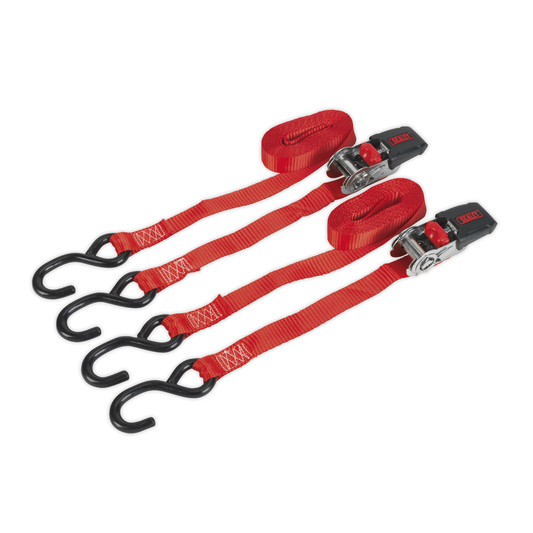 Sealey TD284SD Ratchet Straps Polyester Webbing with S-Hooks 25mm x 4m 800kg Breaking Strength - Pair