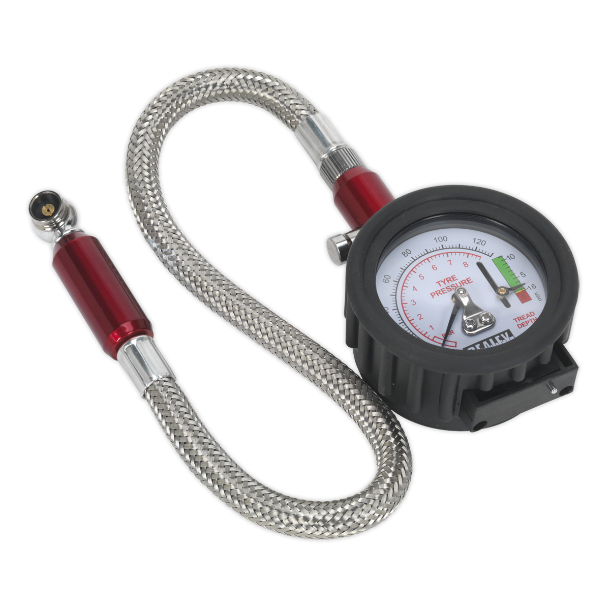 Sealey TSTPDG02 Tyre Pressure Gauge & Tyre Tread Depth Gauge with Flexible Hose 0-8bar(0-120psi)