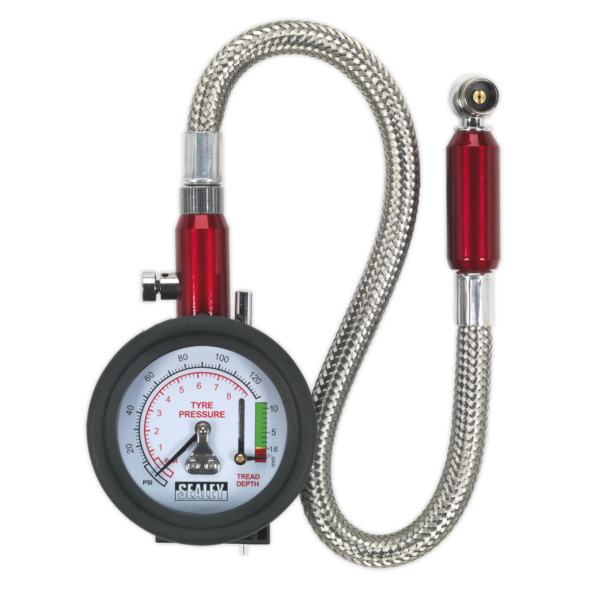 Sealey TSTPDG02 Tyre Pressure Gauge & Tyre Tread Depth Gauge with Flexible Hose 0-8bar(0-120psi)