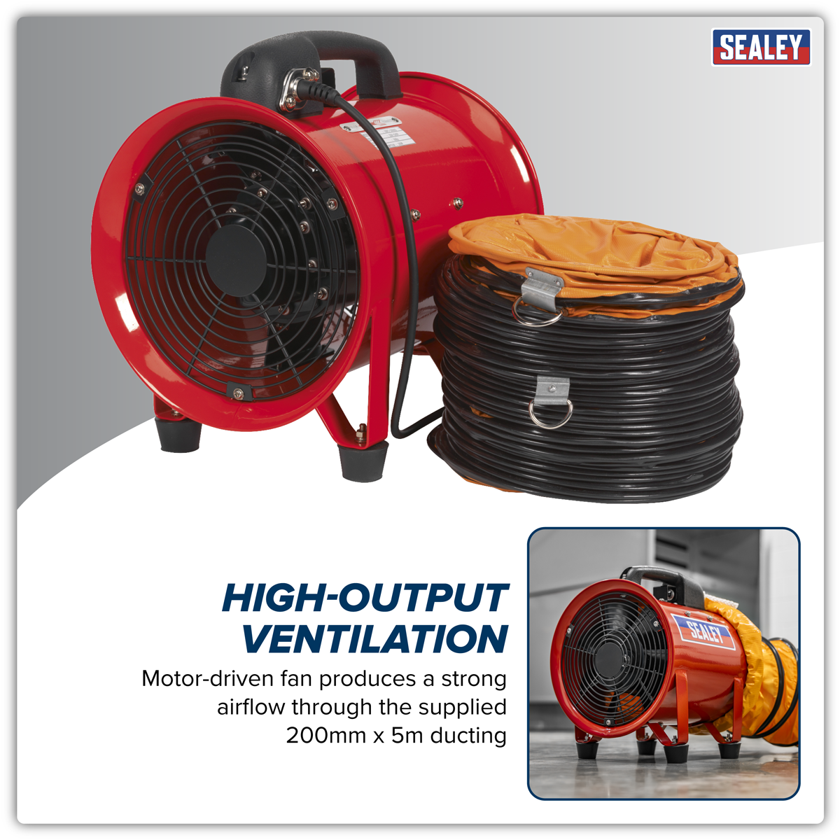 Sealey VEN200 Portable Ventilator with 5m Ducting 200mm
