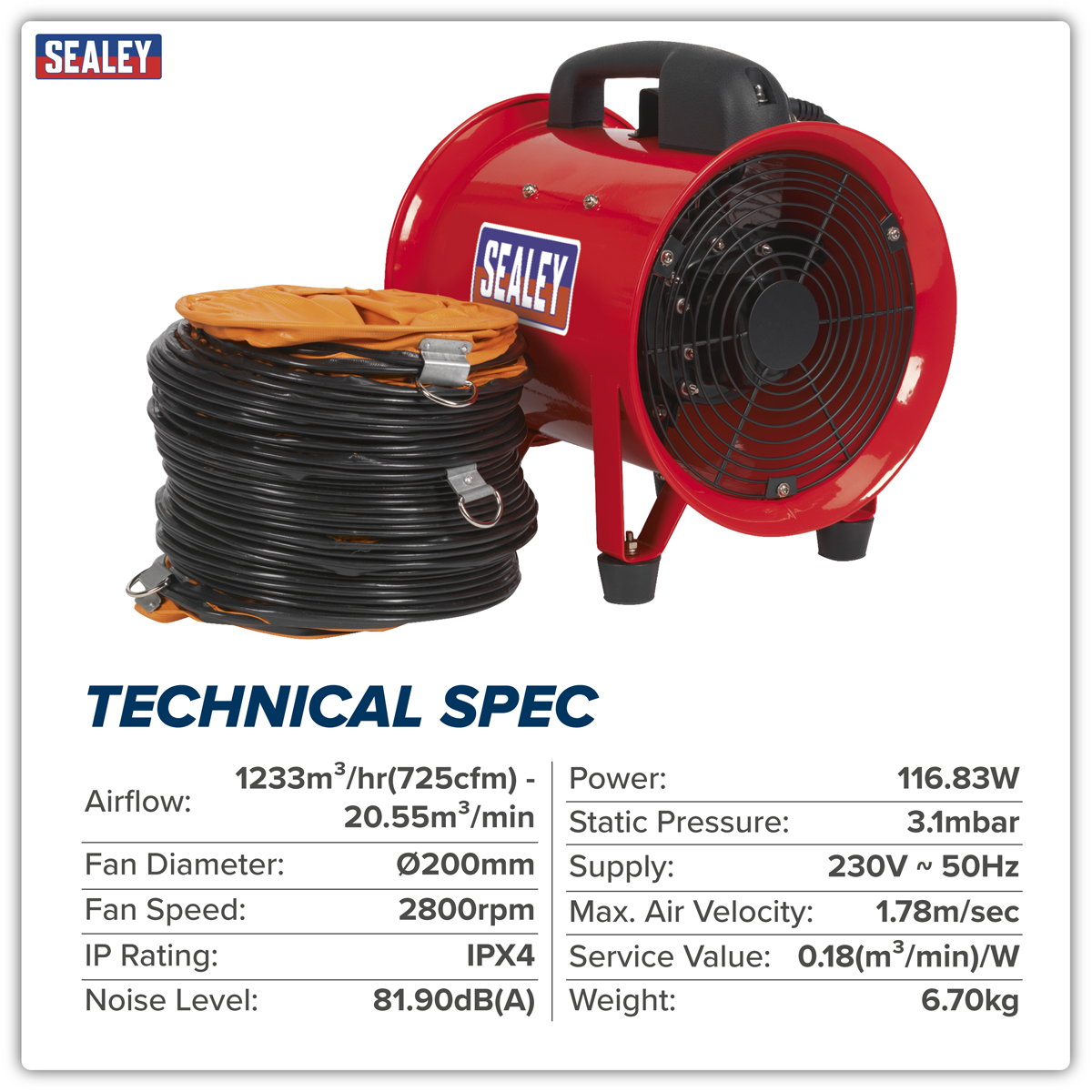 Sealey VEN200 Portable Ventilator with 5m Ducting 200mm