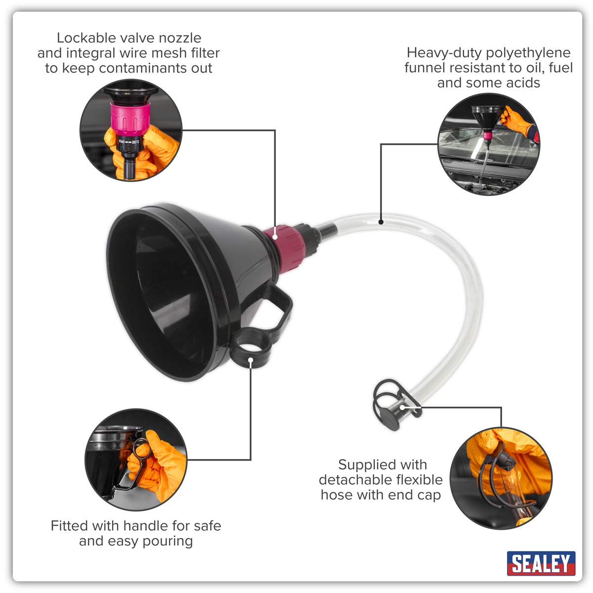 Sealey VFF1 Valved Flexible Spout Funnel with Filter 160mm