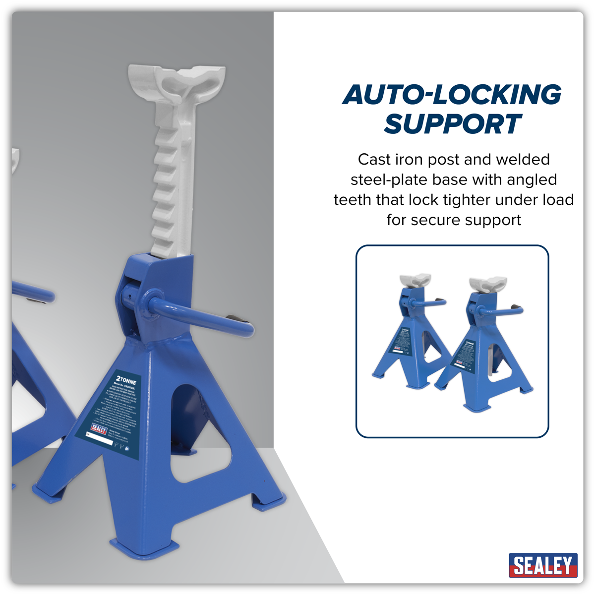 Sealey VS2002BL Ratchet Type Axle Stands (Pair) 2 Tonne Capacity per Stand - Blue