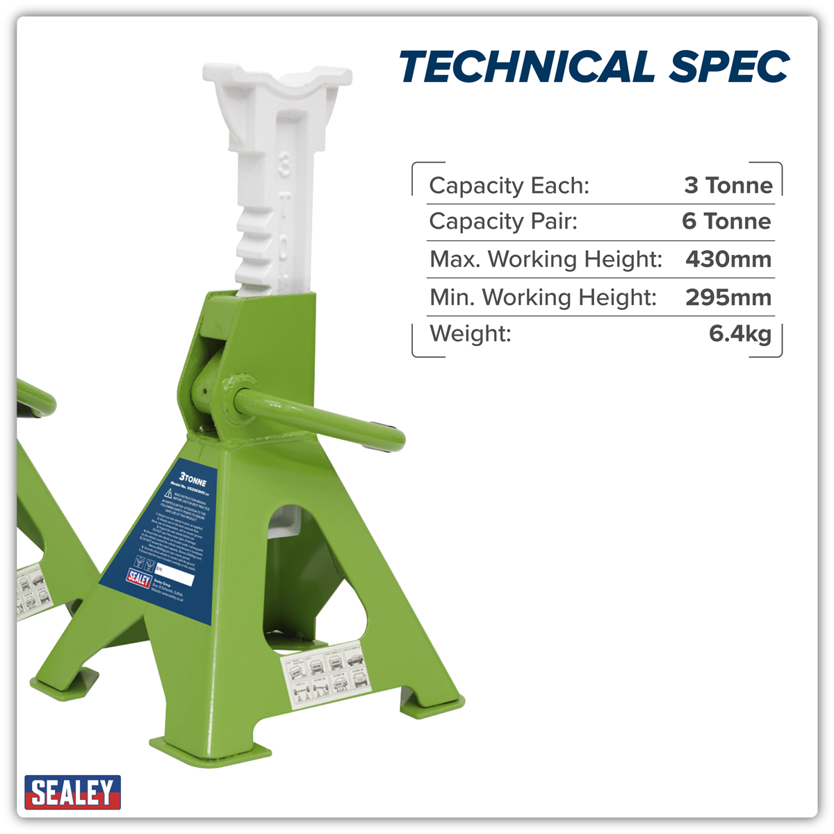 Sealey VS2003HV Ratchet Type Axle Stands (Pair) 3 Tonne Capacity per Stand - Hi-Vis Green