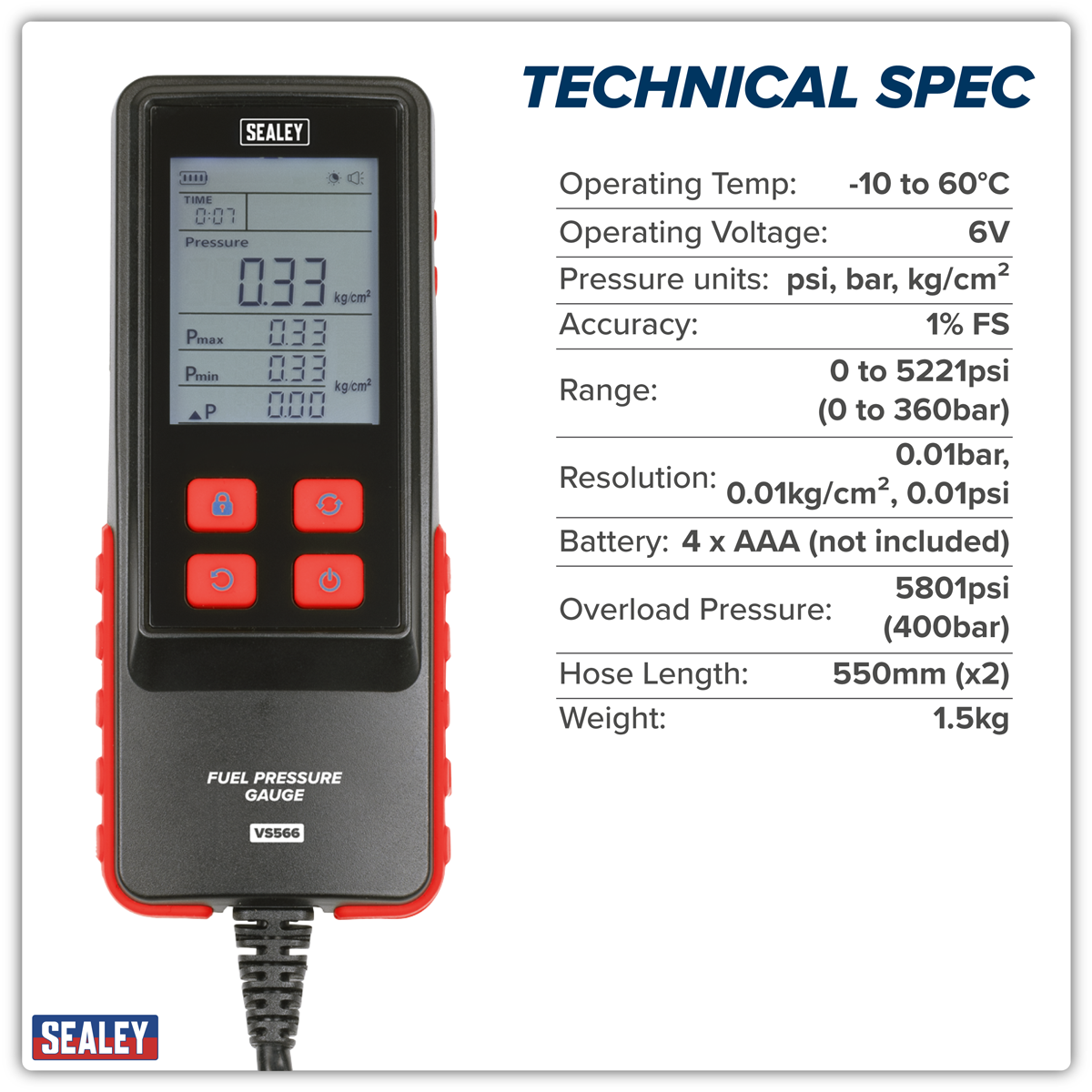 Sealey VS566 Digital Fuel Injection Pressure Test Kit for GDI Fuel Circuits 6pc