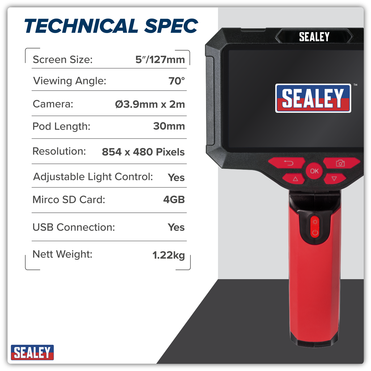 Sealey VS8117 Video Borescope 3.9mm Camera & 5" Screen