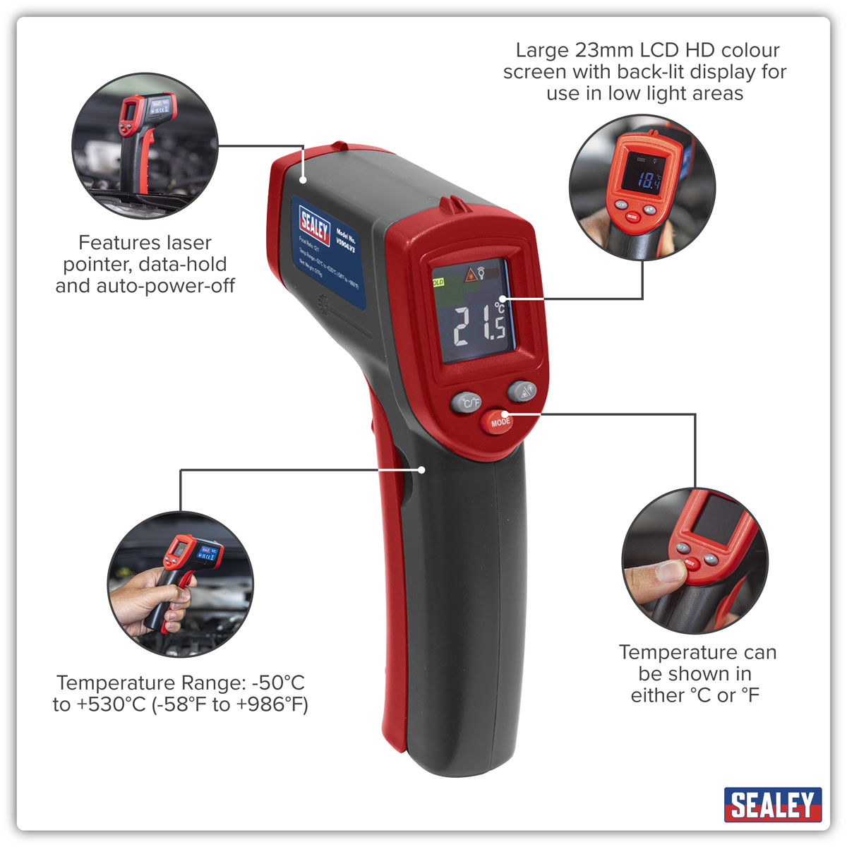 Sealey VS904 Infrared Laser Digital Thermometer 12:1