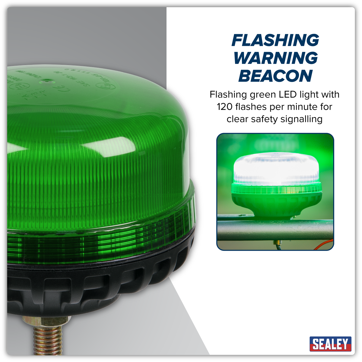 Sealey WB951LEDG Warning Beacon with 12mm Bolt Fixing 36W SMD LED 12/24V - Green