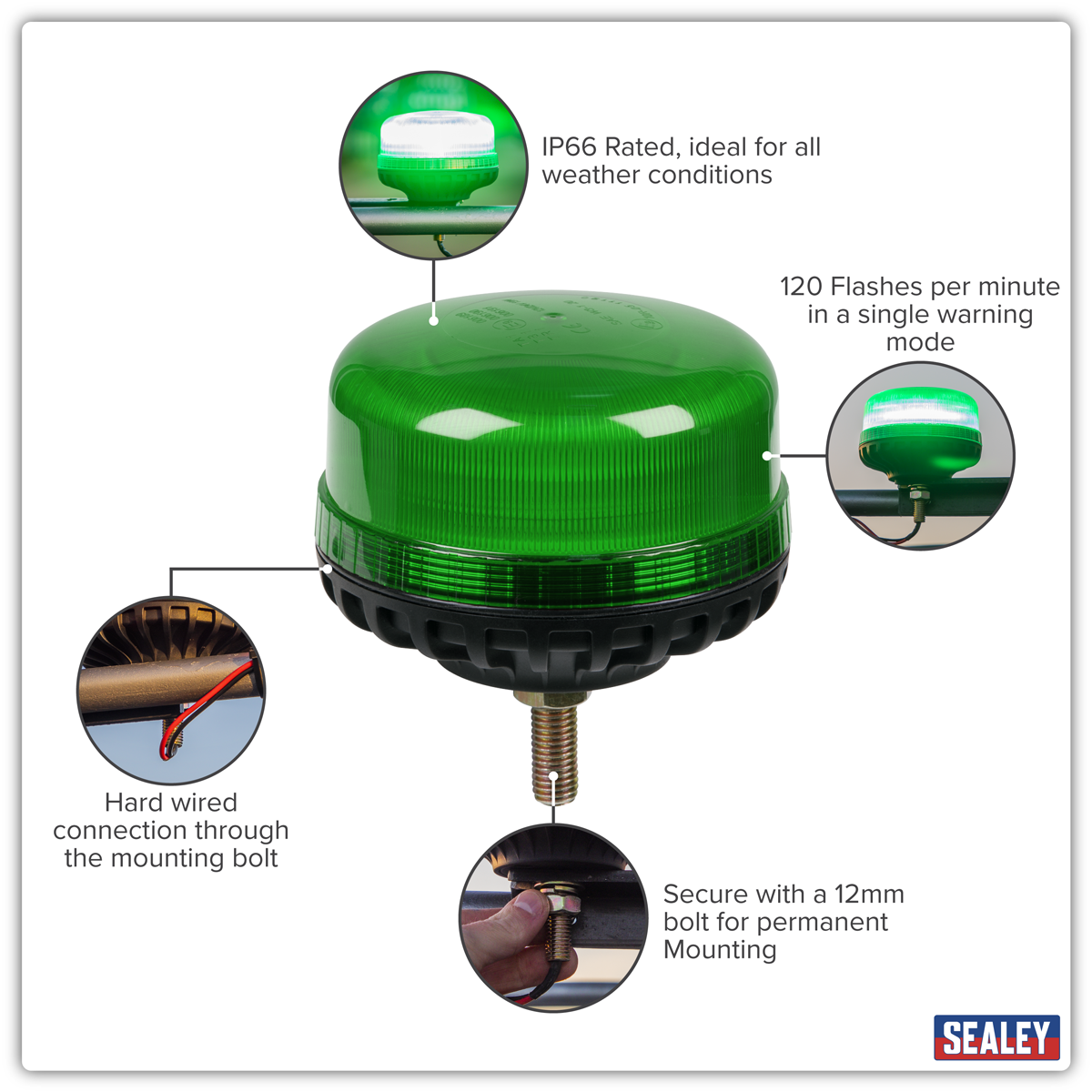 Sealey WB951LEDG Warning Beacon with 12mm Bolt Fixing 36W SMD LED 12/24V - Green