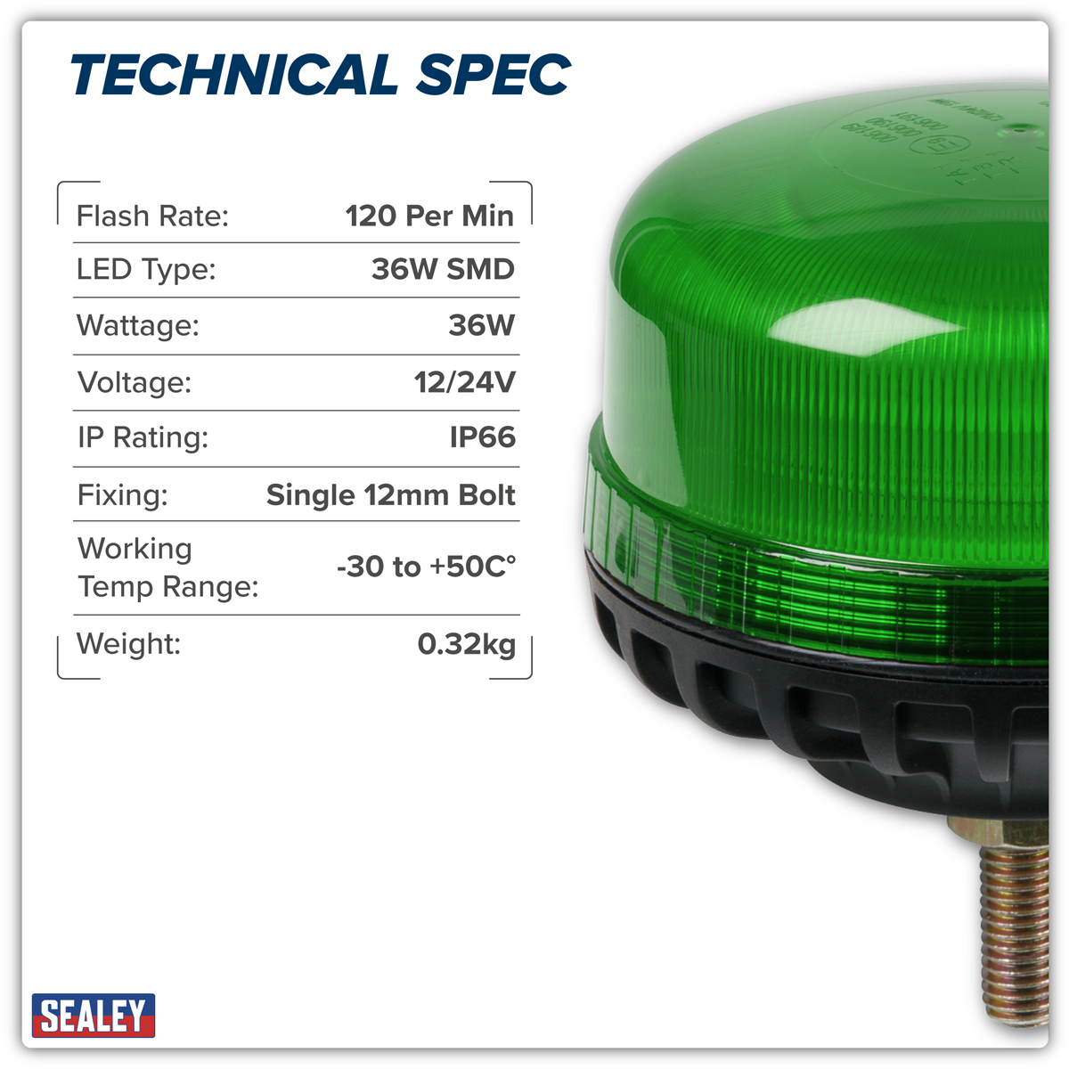 Sealey WB951LEDG Warning Beacon with 12mm Bolt Fixing 36W SMD LED 12/24V - Green