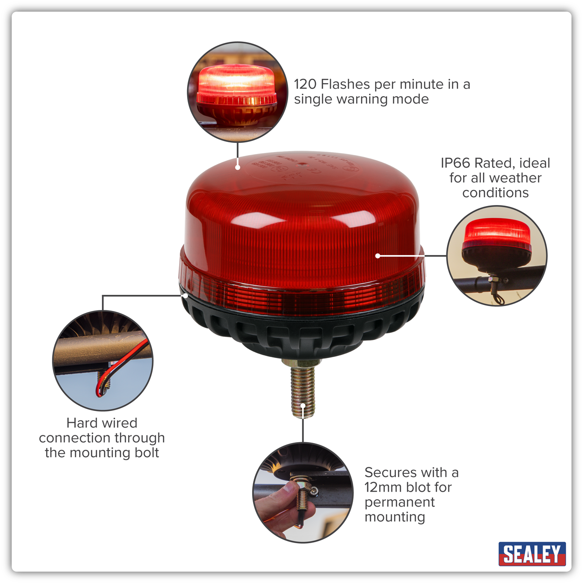 Sealey WB951LEDR Warning Beacon with 12mm Bolt Fixing 36W SMD LED 12/24V - Red