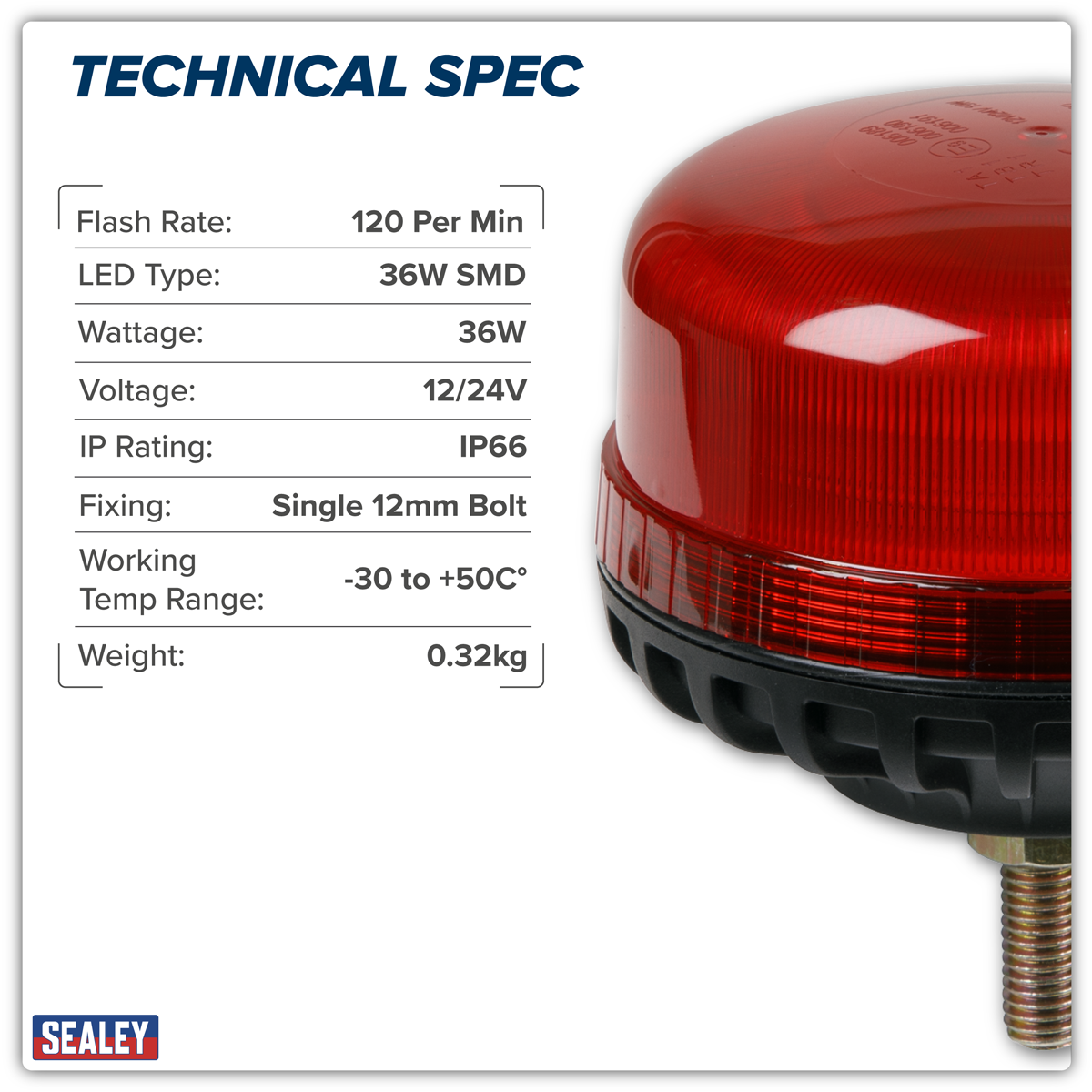 Sealey WB951LEDR Warning Beacon with 12mm Bolt Fixing 36W SMD LED 12/24V - Red