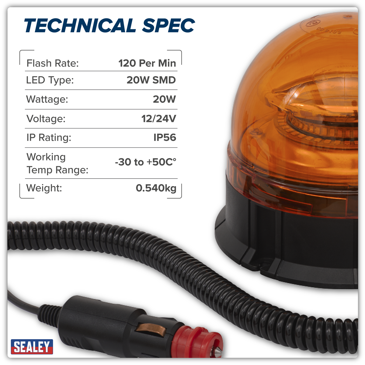 Sealey WB954LED Warning Beacon with Magnetic Base 20W SMD LED 12/24V