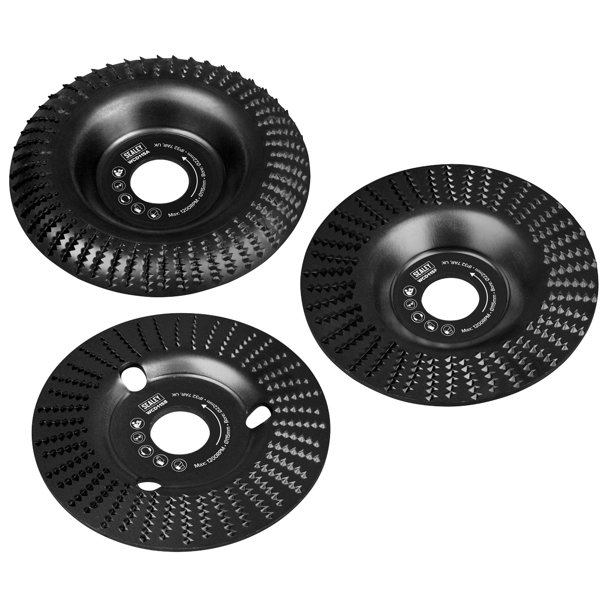 Sealey WCD1153 115mm Wood Carving Disc 22mm Bore - Pack of 3