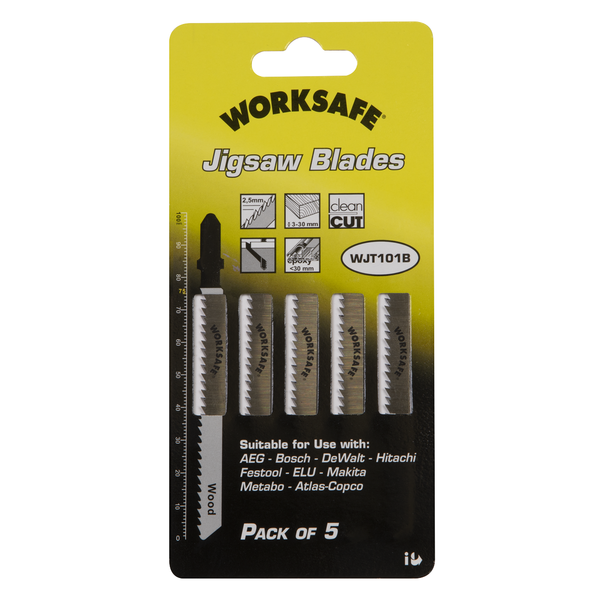 Sealey WJT101B Worksafe® Jigsaw Blade for Wood & Plastics 75mm 10tpi - Pack of 5