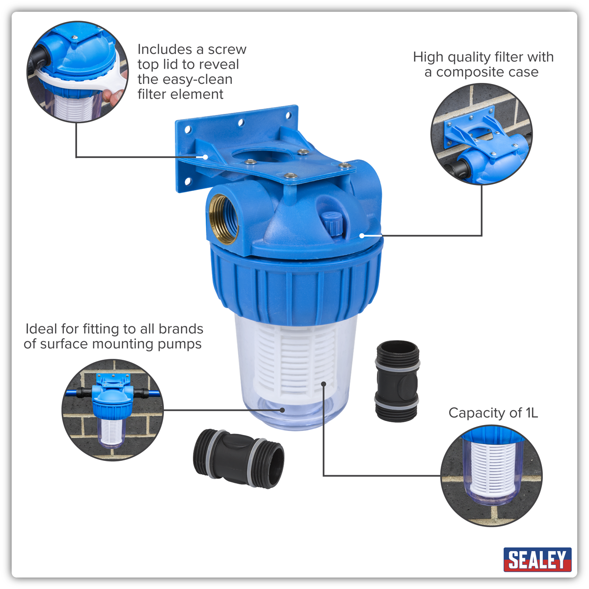Sealey WPF1 Inlet Filter for Surface Mounting Pumps 1L