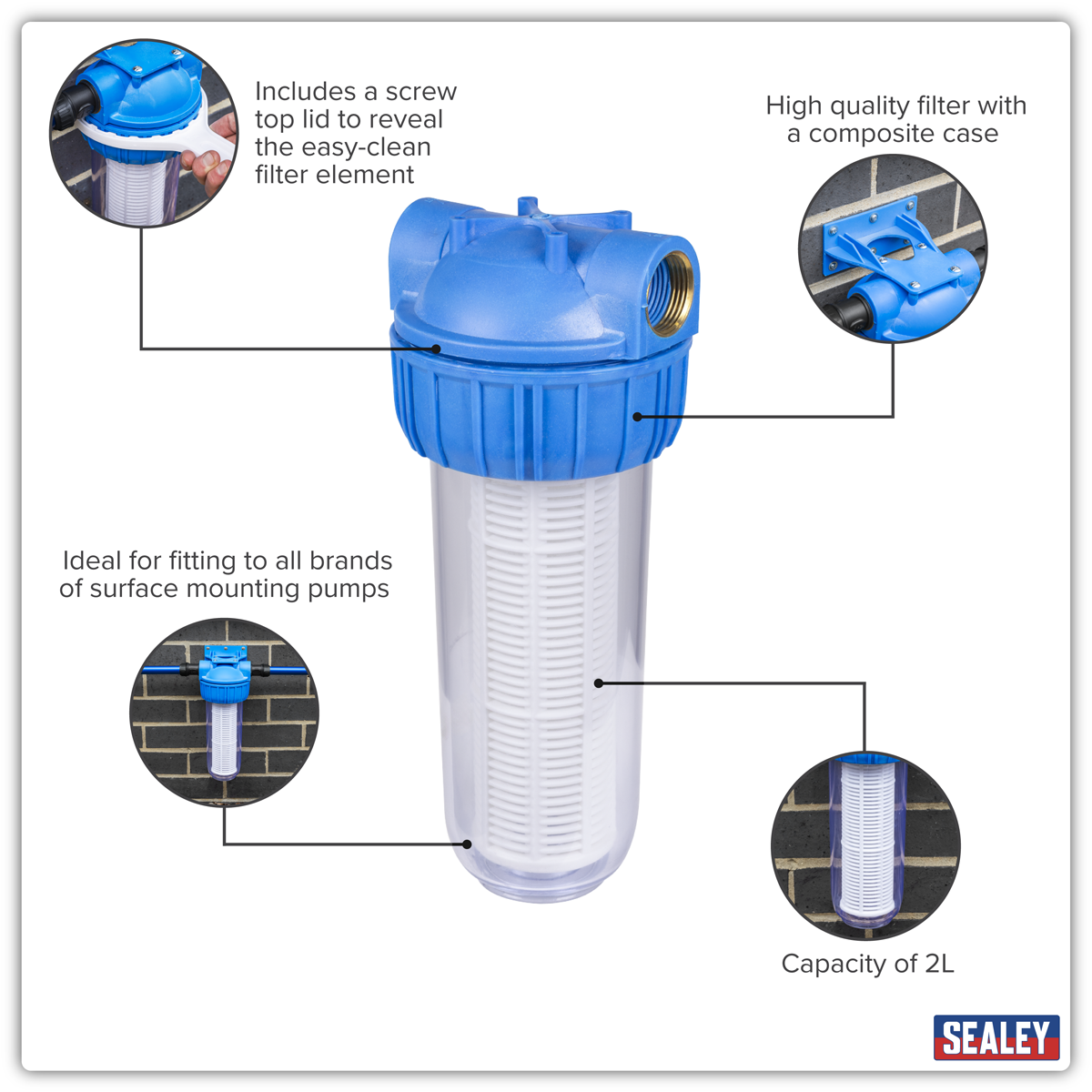 Sealey WPF2 Inlet Filter for Surface Mounting Pumps 2L