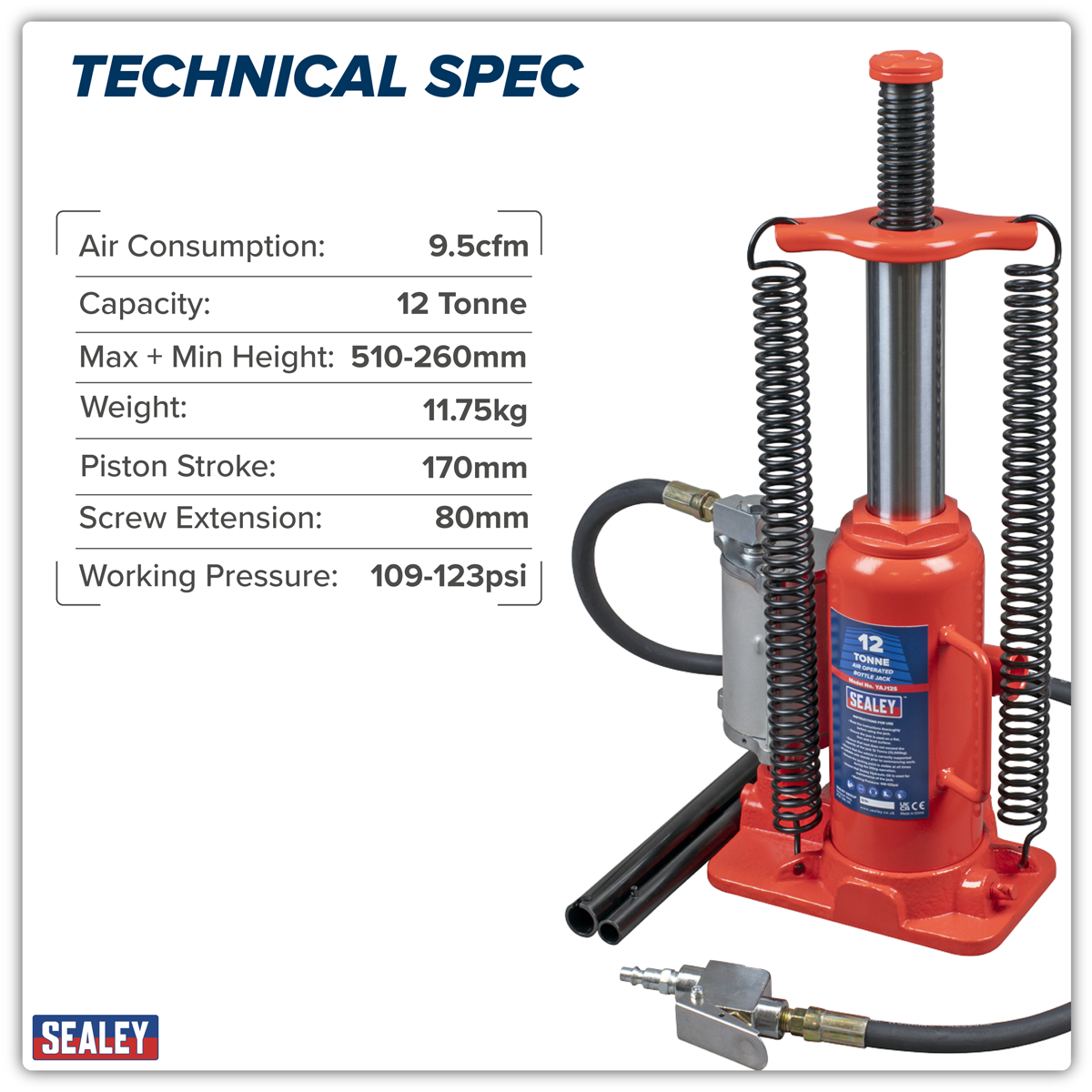 Sealey YAJ12S Air Operated Hydraulic Bottle Jack 12 Tonne