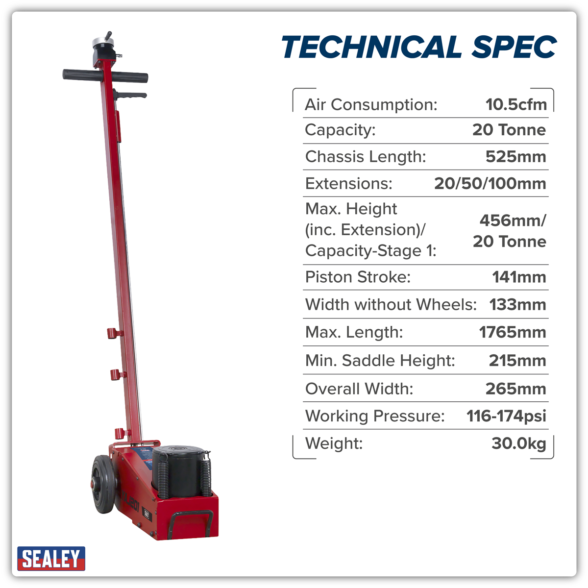Sealey YAJ201 Air Operated Single Stage Jack 20 Tonne