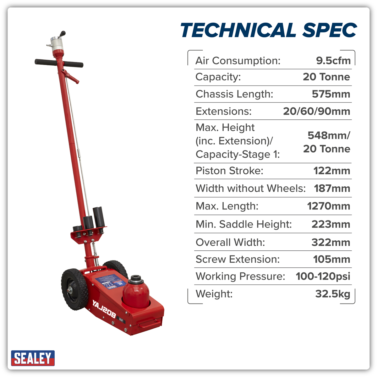 Sealey YAJ20B Air Operated Single Stage Trolley Jack 20 Tonne