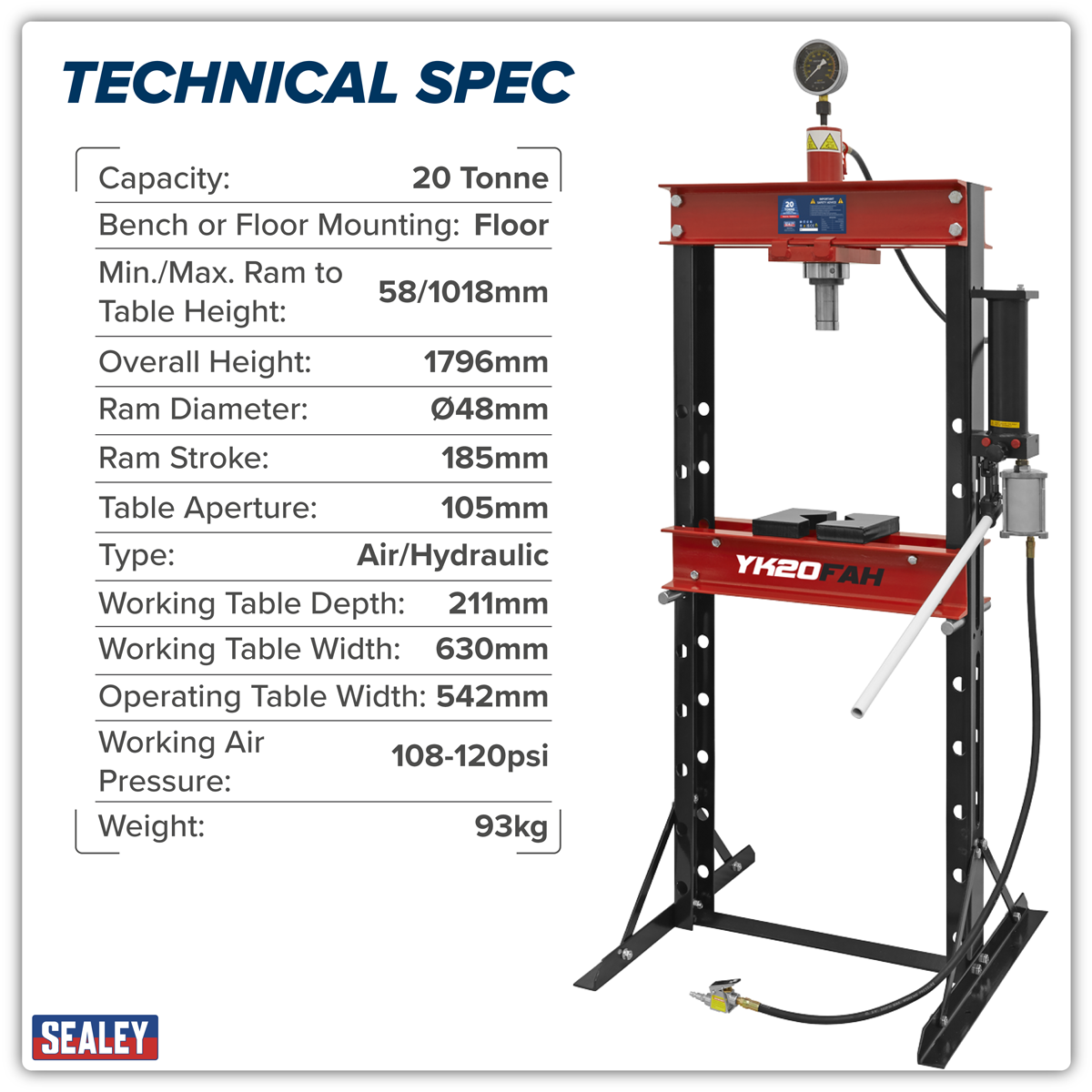 Sealey YK20FAH Air/Hydraulic Floor Type Press 20 Tonne