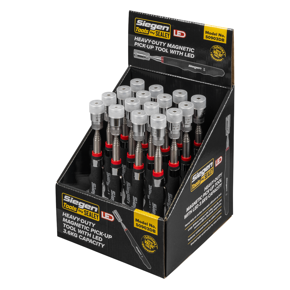 Siegen S0903DB Siegen Heavy-Duty Magnetic Pick-Up Tool with LED 3.6kg Capacity - Display Box of 16