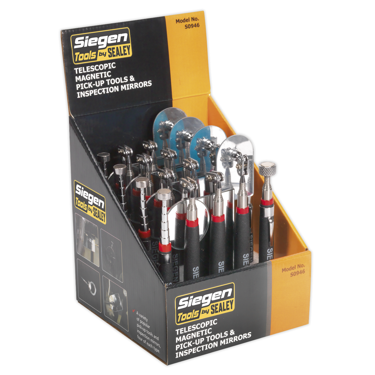 Siegen S0946 Siegen Telescopic Magnetic Pick-Up Tools & Inspection Mirrors - Display Box of 20