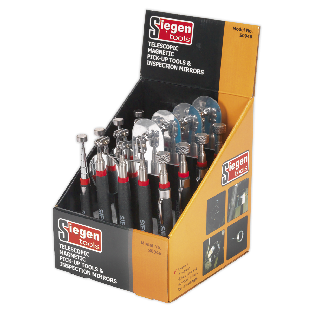 Siegen S0946 Siegen Telescopic Magnetic Pick-Up Tools & Inspection Mirrors - Display Box of 20