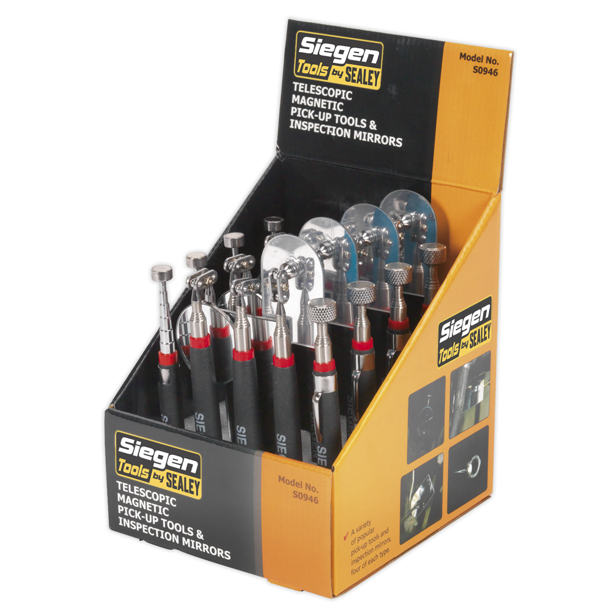 Siegen S0946 Siegen Telescopic Magnetic Pick-Up Tools & Inspection Mirrors - Display Box of 20