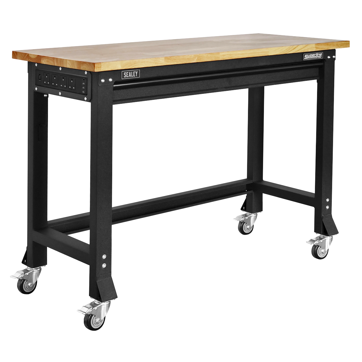 Superline Pro AP0619M Superline PRO® Black Edition Heavy-Duty Steel Mobile Workbench with Wooden Worktop 1220mm