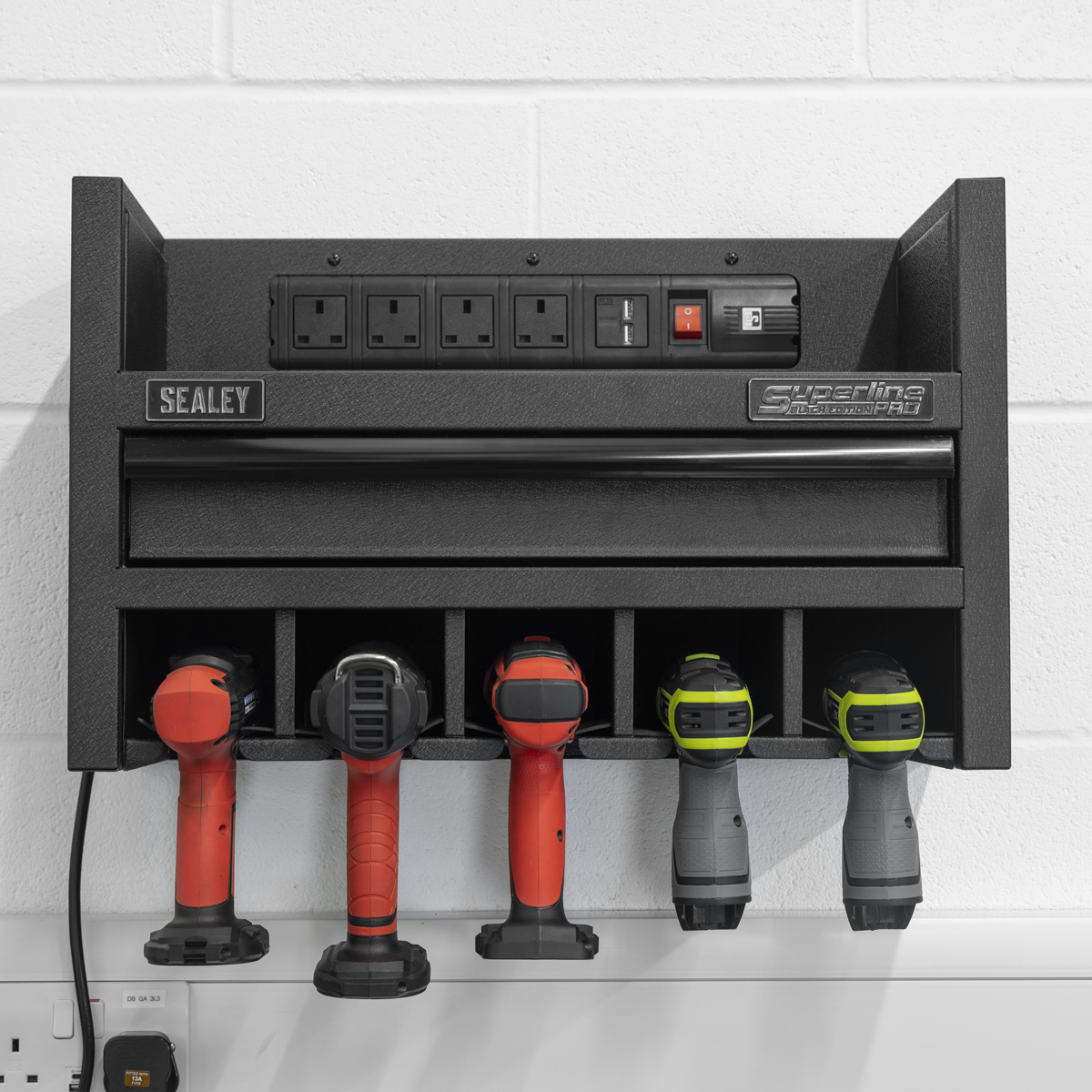 Superline Pro AP22SRBE Superline PRO® Power Tool Storage Rack with Drawer & Power Bar
