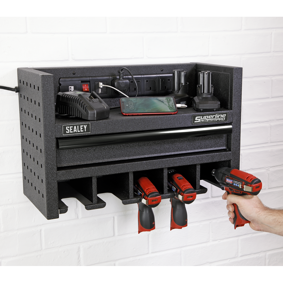 Superline Pro AP22SRBE Superline PRO® Power Tool Storage Rack with Drawer & Power Bar