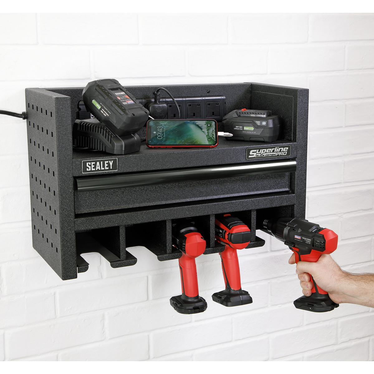Superline Pro AP22SRBE Superline PRO® Power Tool Storage Rack with Drawer & Power Bar
