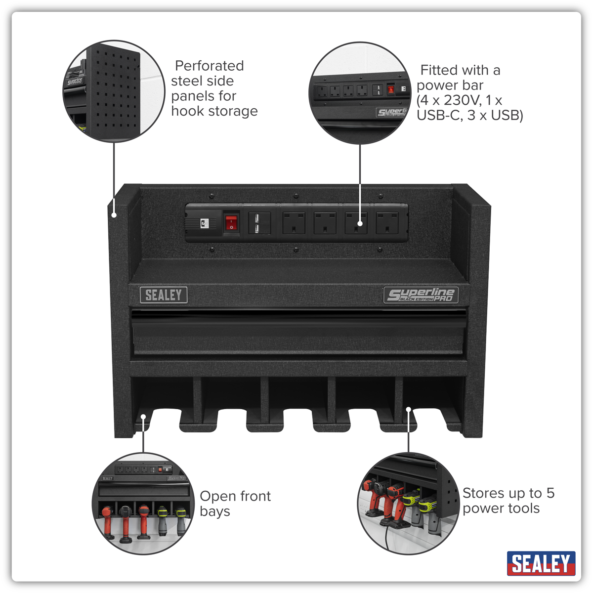 Superline Pro AP22SRBE Superline PRO® Power Tool Storage Rack with Drawer & Power Bar