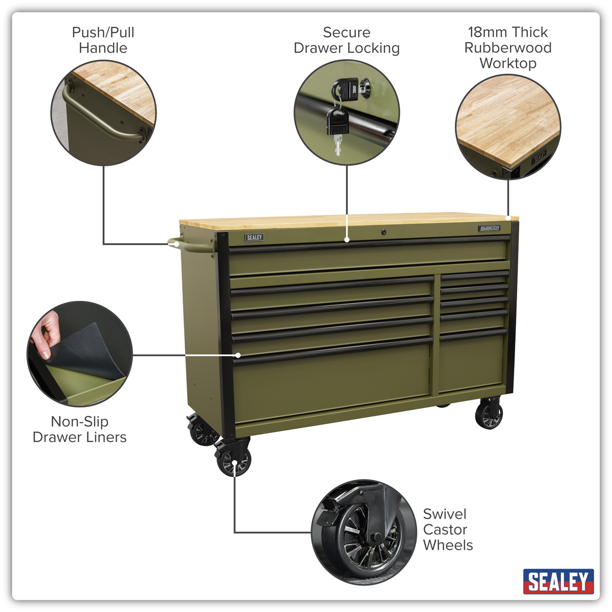 Superline Pro AP5210KBE Superline PRO® Mobile Trolley with Wooden Worktop & Power Bar 10 Drawer 1320mm