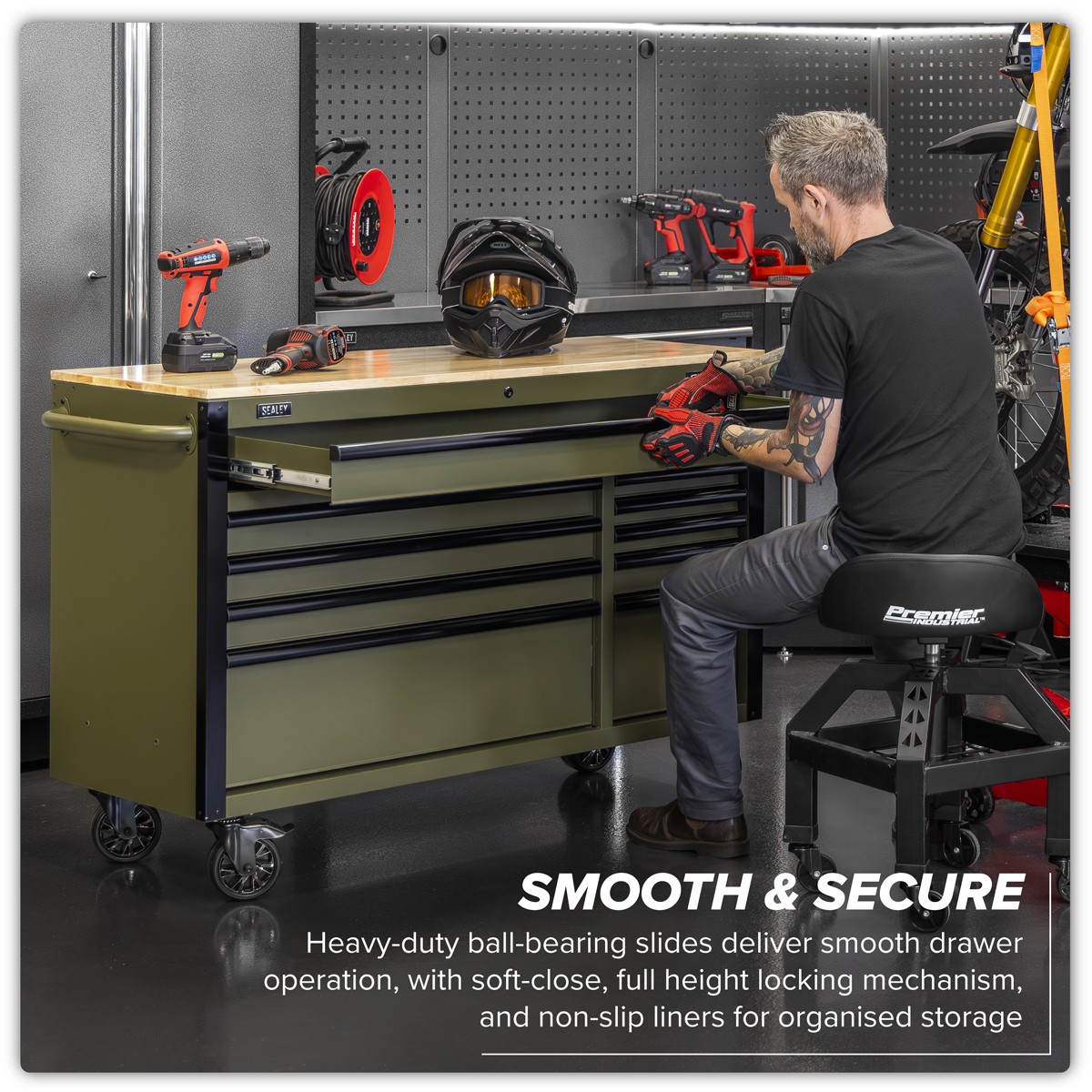 Superline Pro AP5210KBE Superline PRO® Mobile Trolley with Wooden Worktop & Power Bar 10 Drawer 1320mm