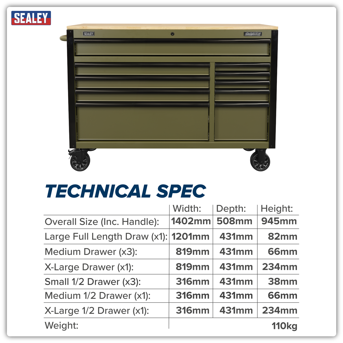 Superline Pro AP5210KBE Superline PRO® Mobile Trolley with Wooden Worktop & Power Bar 10 Drawer 1320mm