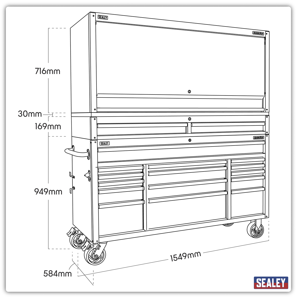 Superline Pro AP6115BECOMBO1 Superline PRO® Black Edition Mobile Trolley with Wooden Worktop, Hutch & 2 Drawer Riser 15 Drawer 1549mm