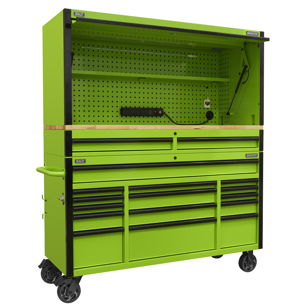 Superline Pro AP6115BECOMBO1 Superline PRO® Black Edition Mobile Trolley with Wooden Worktop, Hutch & 2 Drawer Riser 15 Drawer 1549mm