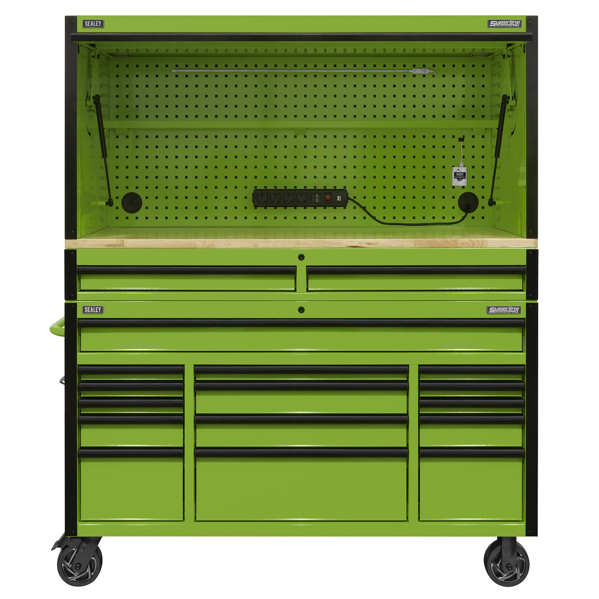 Superline Pro AP6115BECOMBO1 Superline PRO® Black Edition Mobile Trolley with Wooden Worktop, Hutch & 2 Drawer Riser 15 Drawer 1549mm