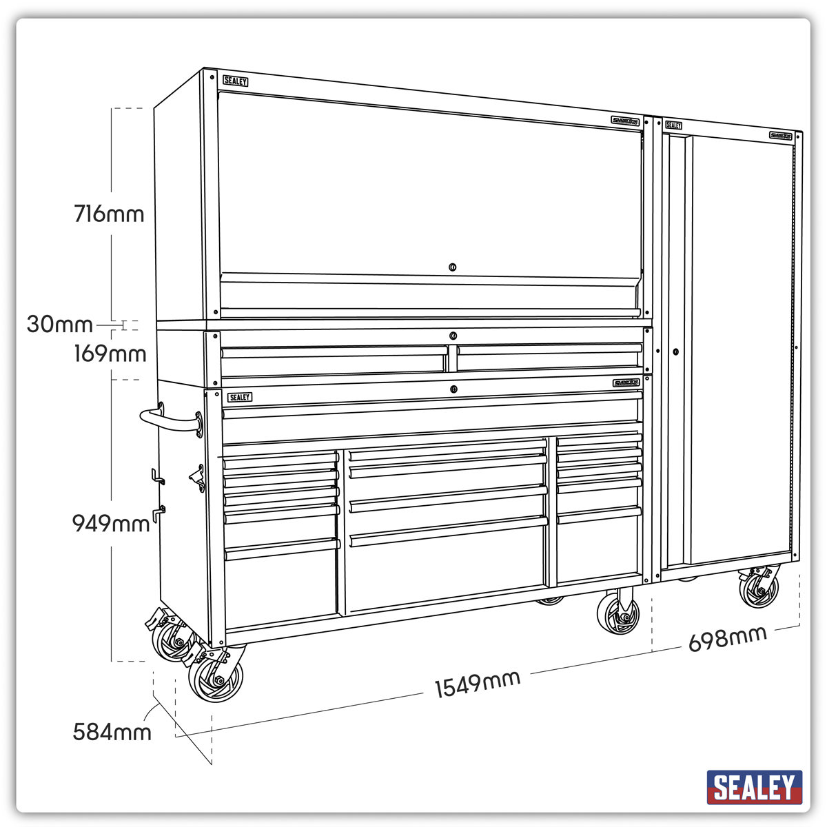 Superline Pro AP6115BECOMBO2 Superline PRO® Black Edition Mobile Trolley with Wooden Worktop, Hutch, 2 Drawer Riser & Side Locker 15 Drawer 1549mm