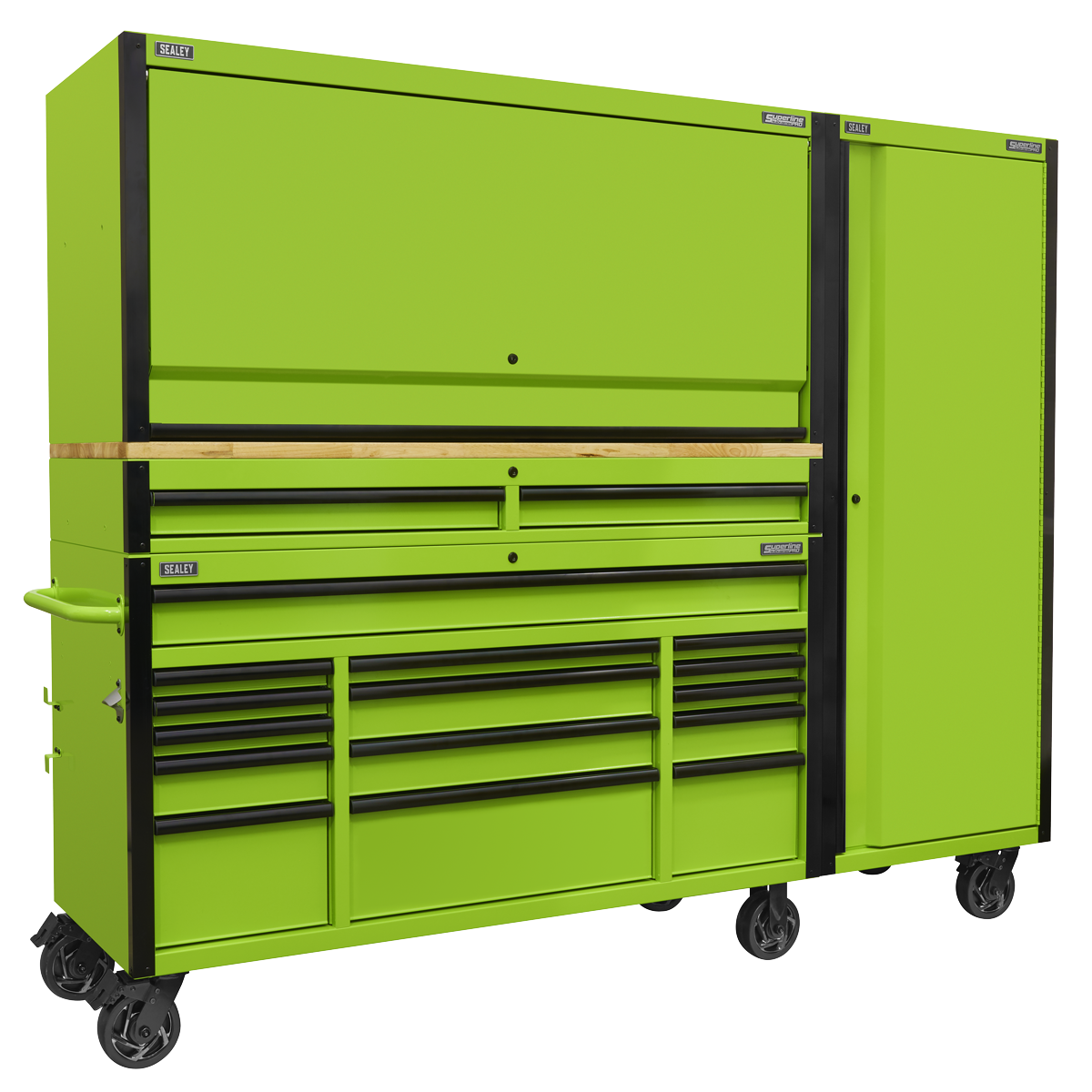 Superline Pro AP6115BECOMBO2 Superline PRO® Black Edition Mobile Trolley with Wooden Worktop, Hutch, 2 Drawer Riser & Side Locker 15 Drawer 1549mm