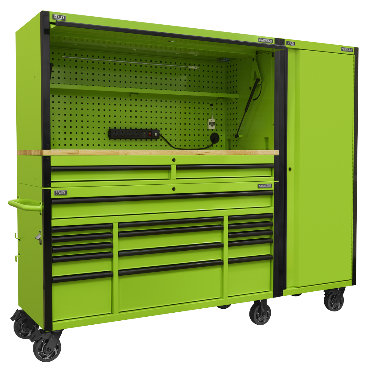 Superline Pro AP6115BECOMBO2 Superline PRO® Black Edition Mobile Trolley with Wooden Worktop, Hutch, 2 Drawer Riser & Side Locker 15 Drawer 1549mm